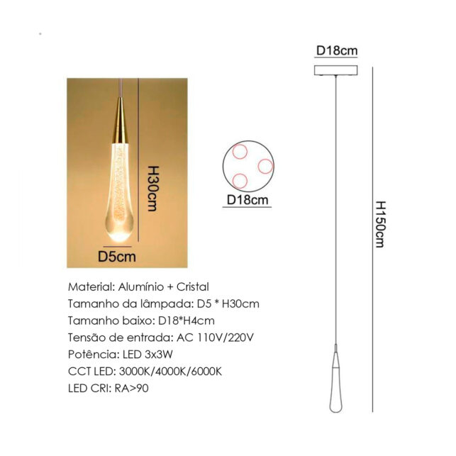 Luminária Pendente Gota Cristal de Areia com LED  Integrado Brilho Dourado 3000K Quarto | Sala | Área Gourmet - Imagem 6