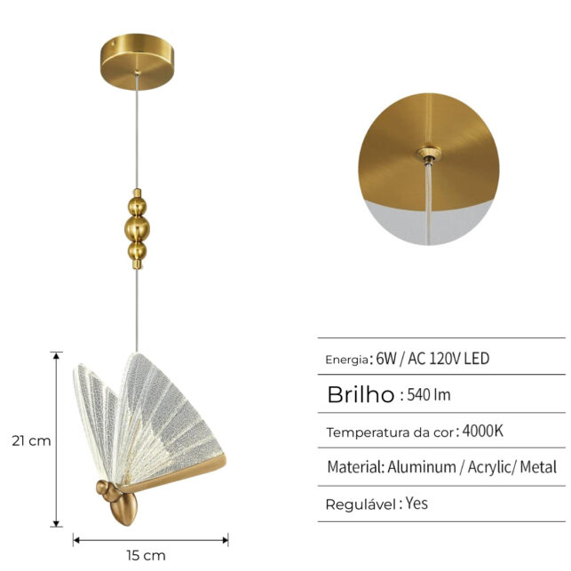 Lustre Pendente 22cm Luminária Borboleta LED em Acrílico Dourada Bivolt | Sala Quarto | 3000K - Imagem 2