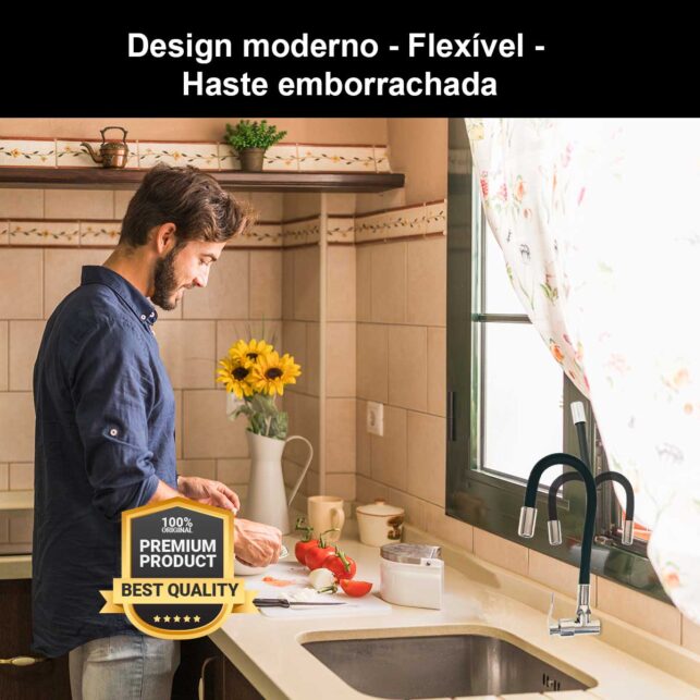 Torneira Cozinha Flexível Fria 2 Jatos Premium Black/Preta Parede Acabamento Cromado ¼ de volta - Imagem 7