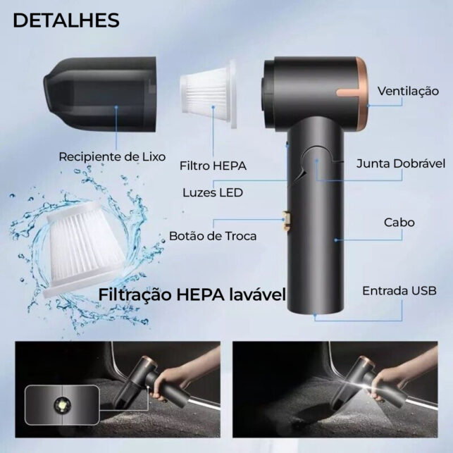 Aspirador Automotivo Portátil Recarregável Premium de Alta Potência - Imagem 3