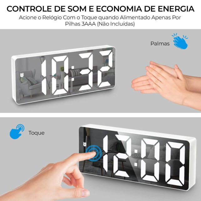 Relógio Digital USB Espelhado LED Mesa, Despertador e Temperatura, Cores Branco, Verde, Vermelho - Imagem 3