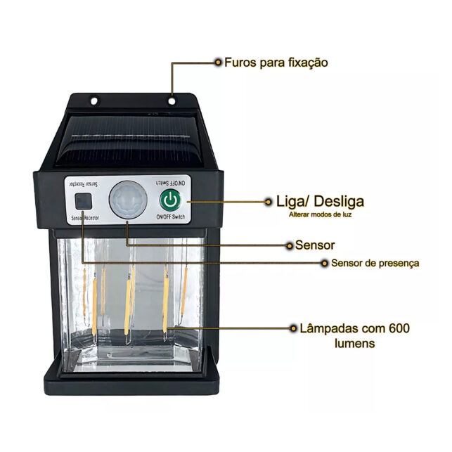 Arandela Solar LED Filamento Colonial Vintage para Parede Externa - Imagem 4